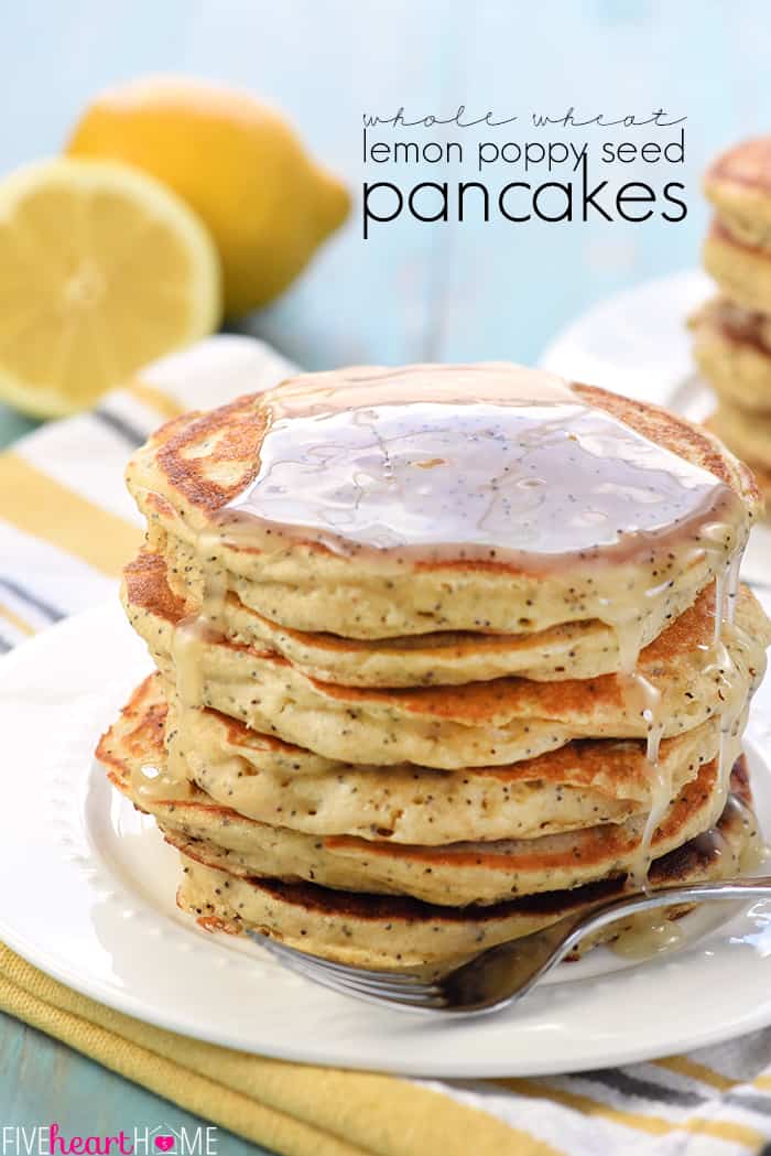 Whole Wheat Lemon Poppy Seed Pancakes ~ wholesome and delicious pancakes drizzled with a scrumptious Lemon Poppy Seed Syrup make a lovely spring or summer breakfast! | FiveHeartHome.com