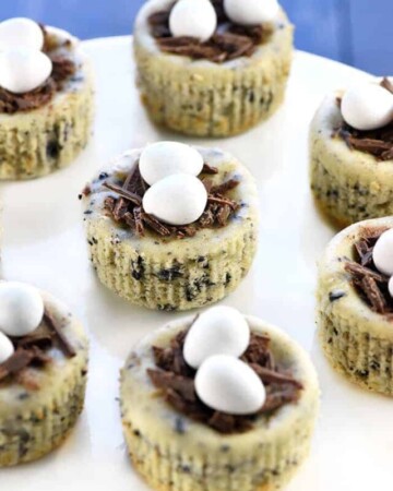 Bird's Nest Mini Oreo Cheesecakes | Easter Dessert Recipe ~ simple cheesecake filling is studded with Oreos, baked in muffin pans, and topped with chocolate shavings and candy eggs for a fun, easy treat that's perfect for spring! | FiveHeartHome.com