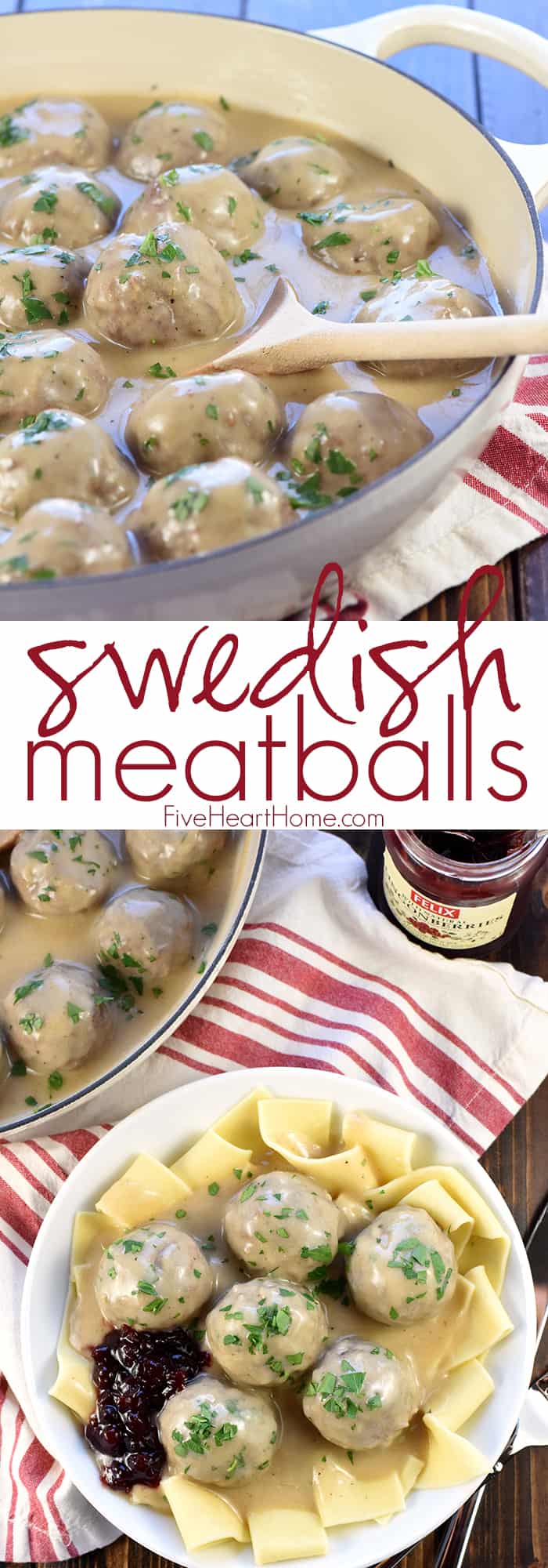Swedish Meatballs in a skillet in first photo and over egg noodles on a plate in second photo. Collage with Text Overlay