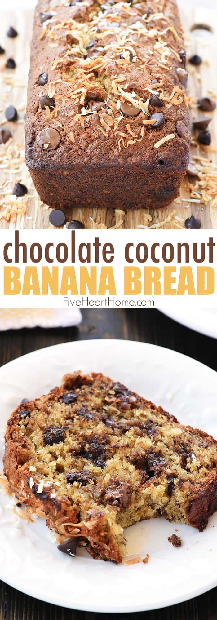 Chocolate Coconut Banana Bread, two-photo collage with text
