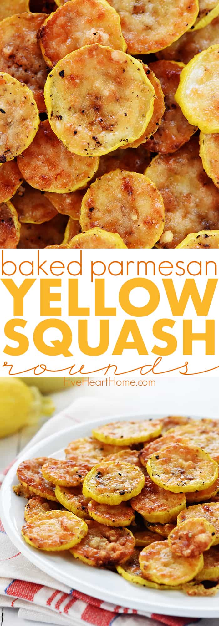 Baked Parmesan Yellow Squash Rounds Recipe, two-photo collage with text