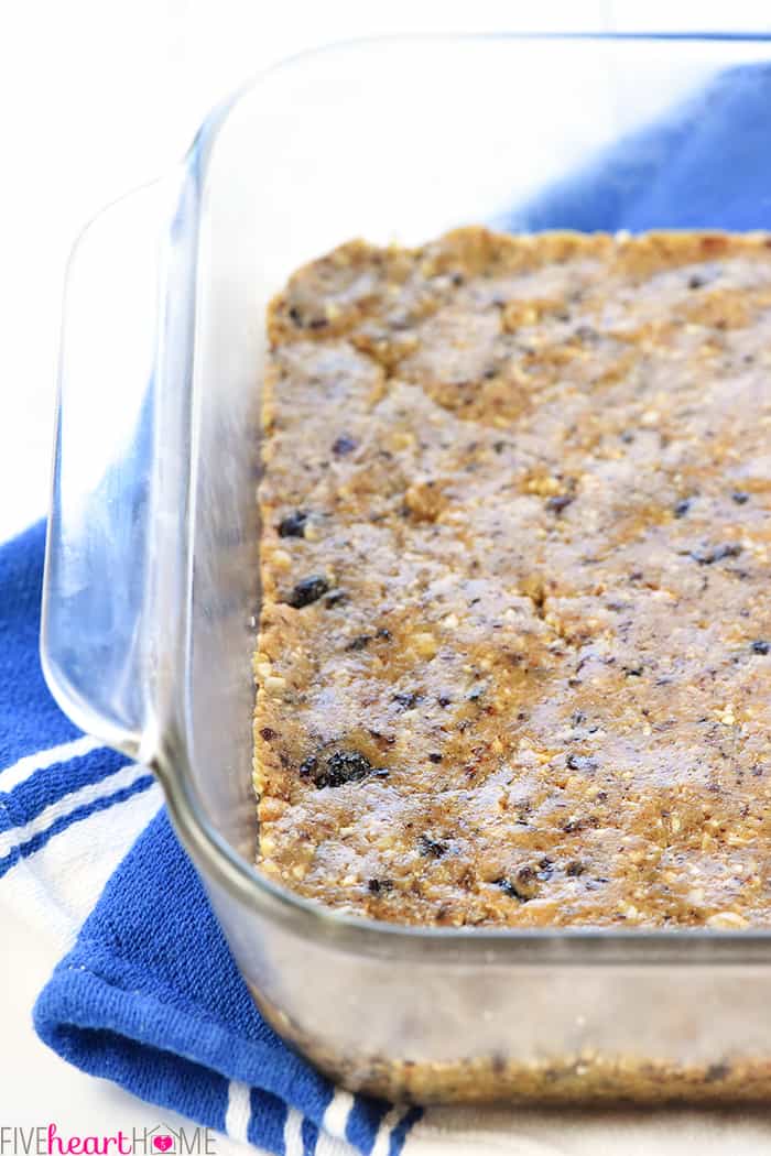 Energy Bars pressed into dish for chilling.