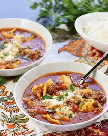 Lasagna Tortellini Soup ~ a flavorful stovetop recipe featuring ground beef, herbs, and Parmesan in a marinara-based broth that can be ready in just 20 minutes! | FiveHeartHome.com