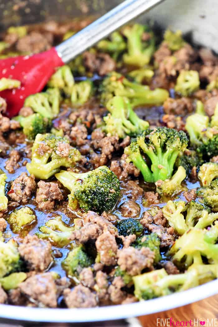 Close-up of Ground Beef and Broccoli recipe in skillet.