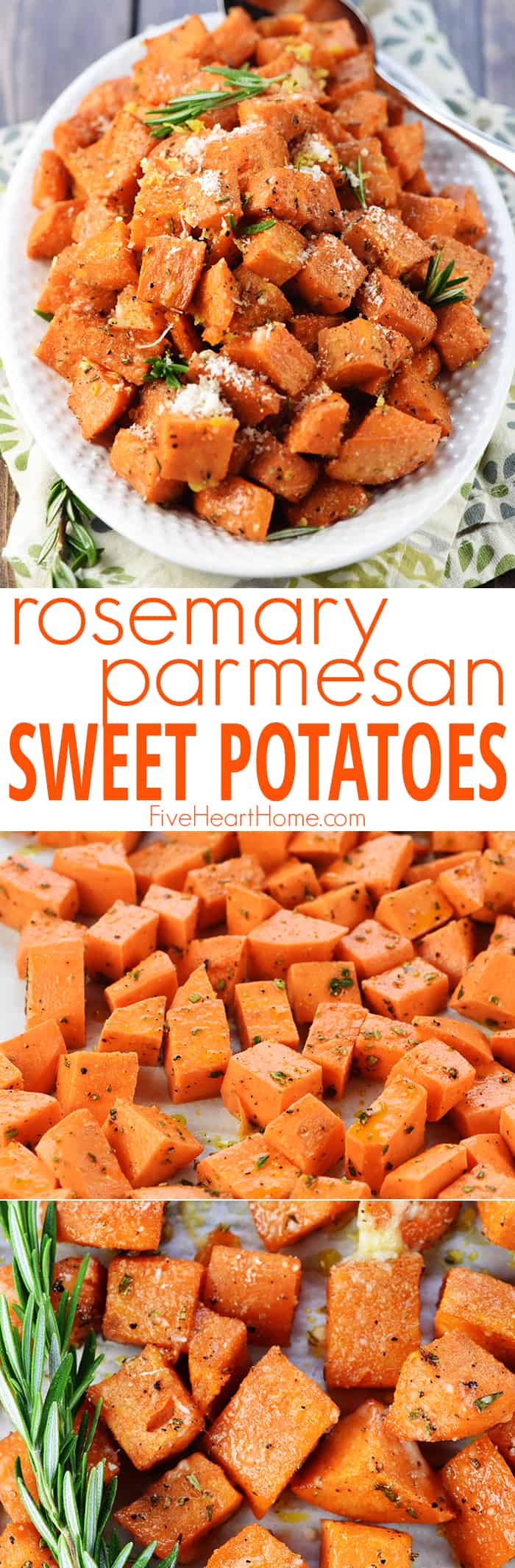 Savory Sweet Potatoes with Rosemary and Parmesan, two-photo collage with text.
