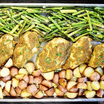 Aerial view of Sheet Pan Chicken and Veggies on baking pan.