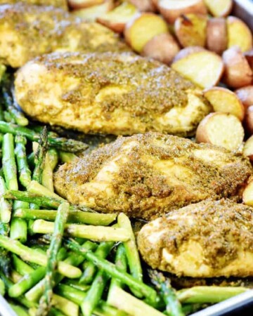 Close-up of Sheet Pan Chicken and Veggies.