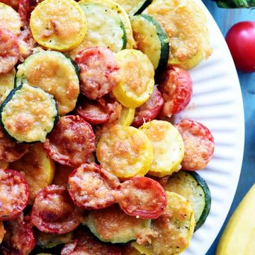 Aerial view of Baked Parmesan Summer Veggies on plate.