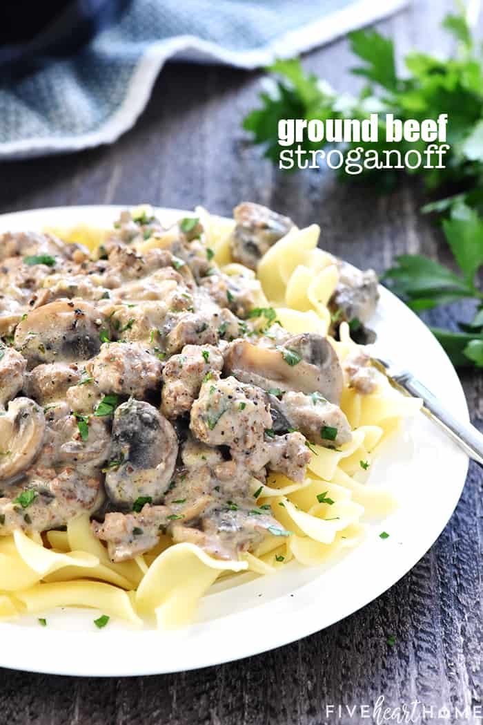 Ground Beef Stroganoff Recipe ~ a delicious, quick and easy version of the classic, loaded with garlicky mushrooms and finished off with a silky sour cream sauce! | FiveHeartHome.com