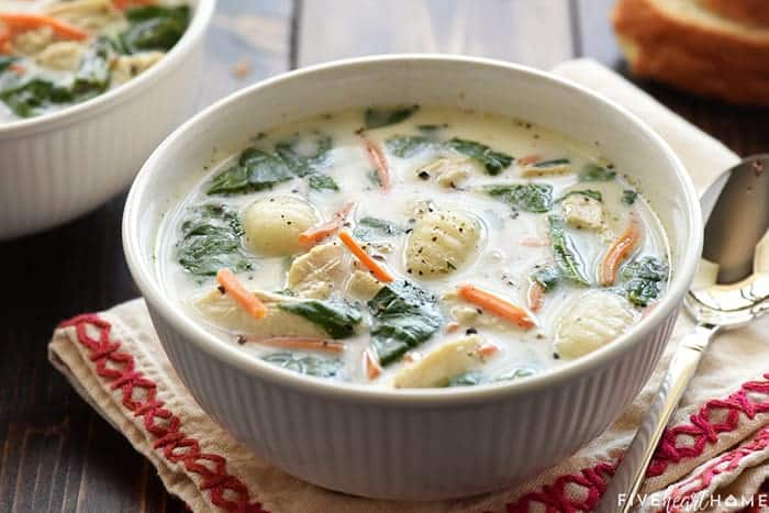 Slow Cooker Chicken Gnocchi Soup ~ a creamy, lightened-up copycat recipe of the famous Olive Garden classic, made easy thanks to the crockpot! | FiveHeartHome.com