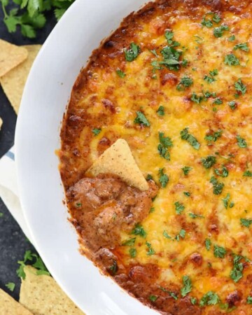 Beef Enchilada Dip ~ this creamy, cheesy appetizer has the great flavor of beef enchiladas in an easy-to-make, addictive dip...perfect for parties, get-togethers, and game day! | FiveHeartHome.com