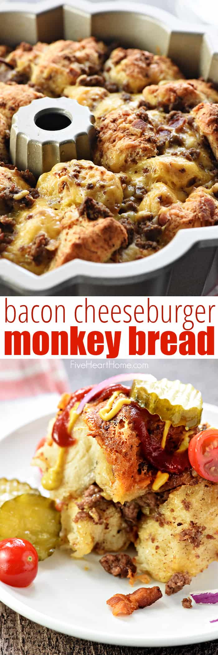Bacon Cheeseburger Monkey Bread in pan and on plate