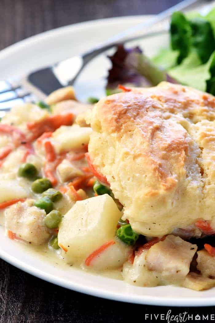 Close-up of Chicken Pot Pie Casserole on plate.