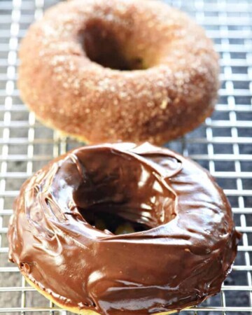 Baked Banana Donuts ~ soft, sweet, lightened-up, and easy to make, with your choice of a decadent chocolate glaze or a coating of cinnamon sugar! | FiveHeartHome.com