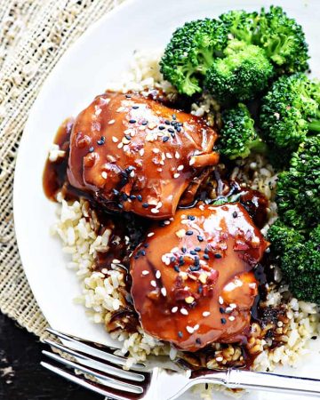 Instant Pot Teriyaki Chicken ~ an easy dinner recipe featuring chicken thighs in a sticky-sweet homemade sauce, served over rice or shredded in sandwiches! | FiveHeartHome.com