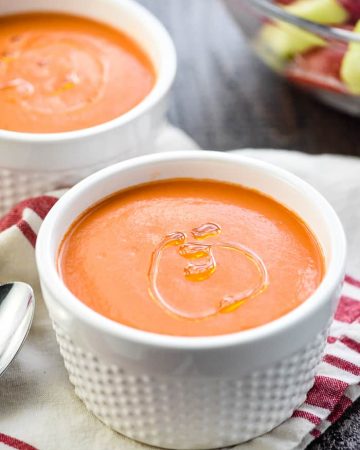 Easy Gazpacho Recipe in two white bowls.