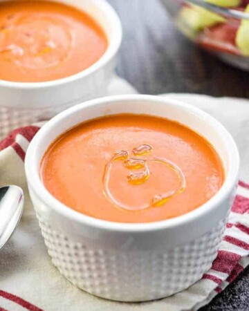 Easy Gazpacho Recipe in two white bowls.