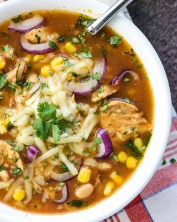 Aerial bowl of BBQ Chicken Soup with garnishes.
