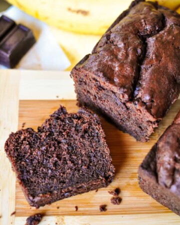 Triple Chocolate Banana Bread ~ moist, fudgy, and loaded with three kinds of chocolate, making this banana bread recipe a mouthwatering, delicious way to use up overripe bananas! | FiveHeartHome.com