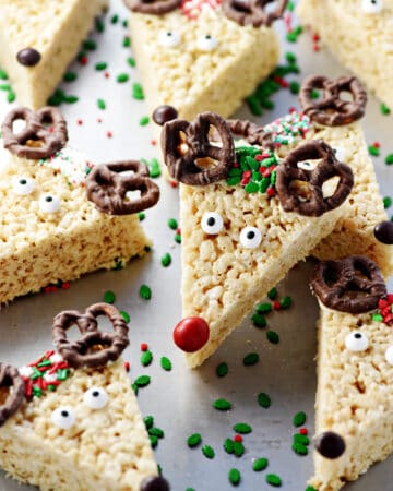 Reindeer Rice Krispie Treats arranged on a sheert pan.