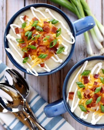 Aerial bowls of Slow Cooker Loaded Baked Potato Soup.
