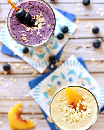 Aerial view of Healthy Oat Smoothies in peach and blueberry flavors.