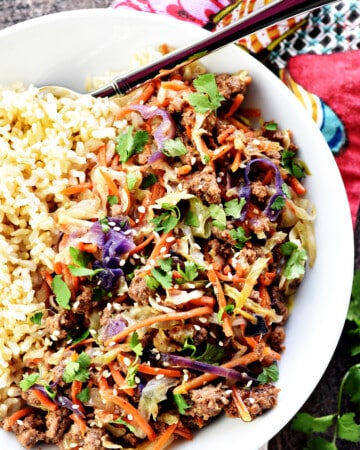 Instant Pot Egg Roll in a Bowl, aerial view.
