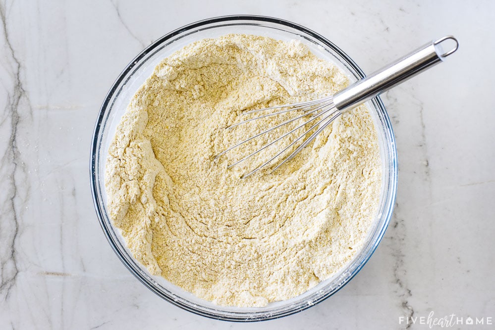 Aerial view of Cornbread Mix whisked in bowl.