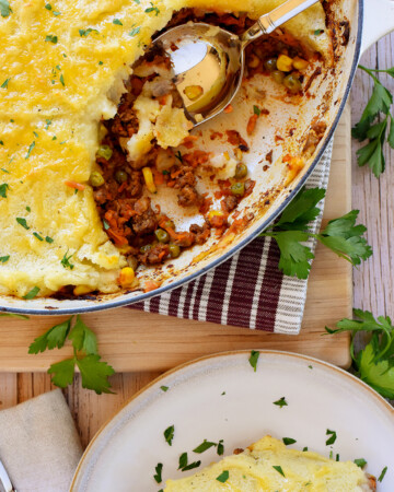 Aerial view of Easy Shepherd's Pie in skillet.