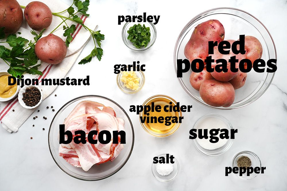 Aerial view of ingredients to make German Potato Salad recipe.