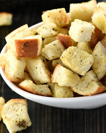 Homemade Croutons recipe in white bowl.