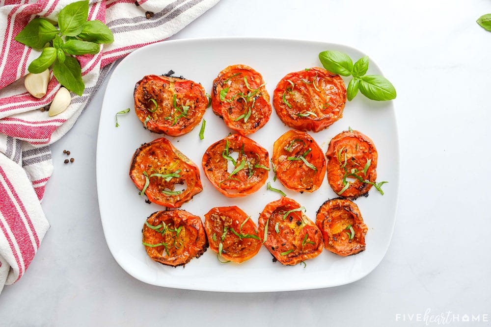 Aerial view of Oven Roasted Tomatoes on platter.
