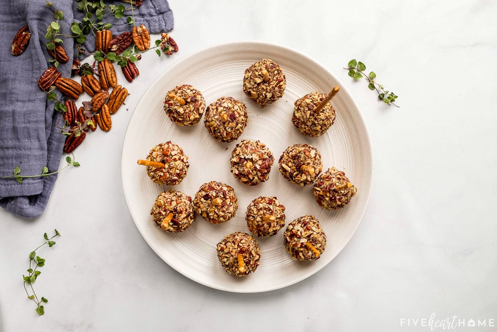 Aerial view of platter of Mini Cheese Balls recipe.