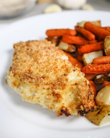 Panko Breaded Chicken on white plate.