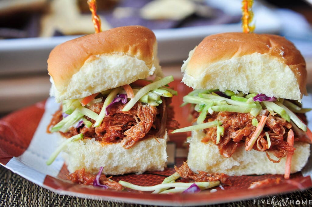 Root Beer Pulled Pork sliders on plate.