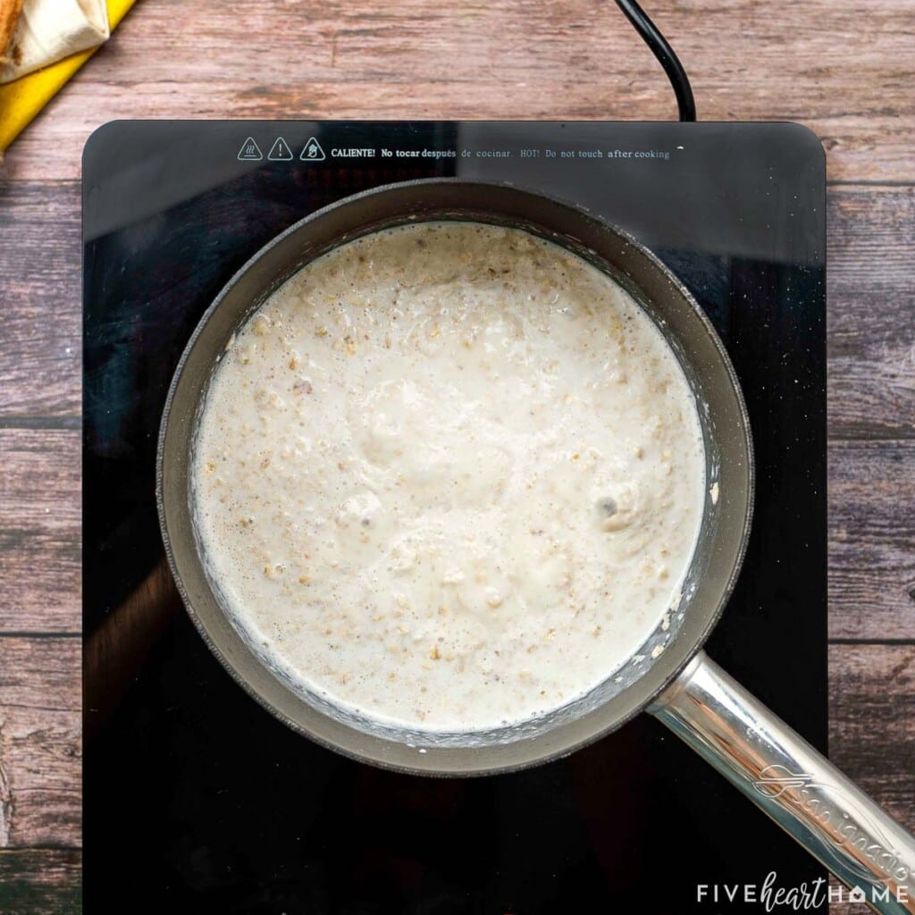 Oatmeal before stirring in banana and peanut butter.
