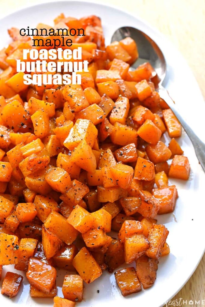 Roasted Butternut Squash with Cinnamon and Maple, with text overlay.
