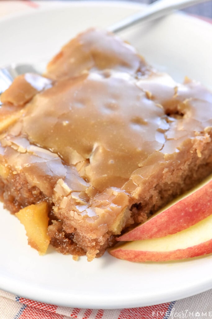 Close-up of Caramel Apple Cake showing caramel glaze.