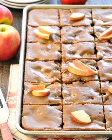 Caramel Apple Cake ready to serve as a fall sheet cake.