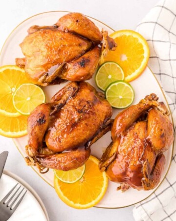 Aerial view of Cornish hens with citrus glaze.