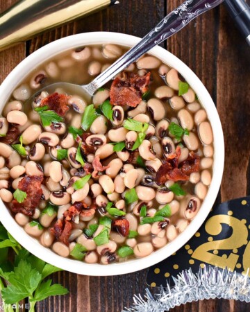Black Eyed Peas New Years in bowl with spoon.
