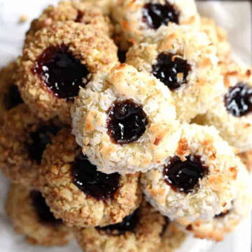 Jam Thumbprint Cookies aerial view on platter.