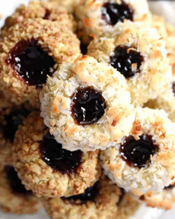 Jam Thumbprint Cookies aerial view on platter.
