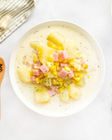 Aerial view of Potato Corn Chowder in white bowl.