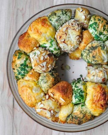 Aerial view of Savory Monkey Bread on platter.